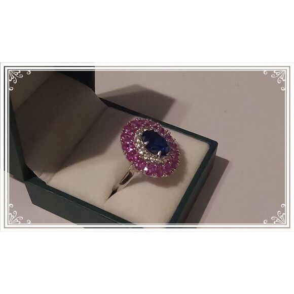 Stunning 5.54 Ct. Oval & Round Lab Blue~Pink & White Sapphire Gemstone Ring #8 - Picture 2 of 5